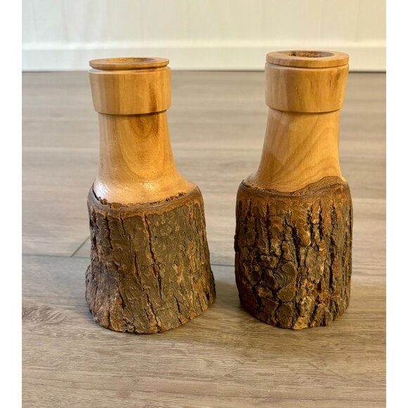 Vintage Wooden Candle Holders Signed Hand Carved Rustic Walnut - Picture 3 of 10